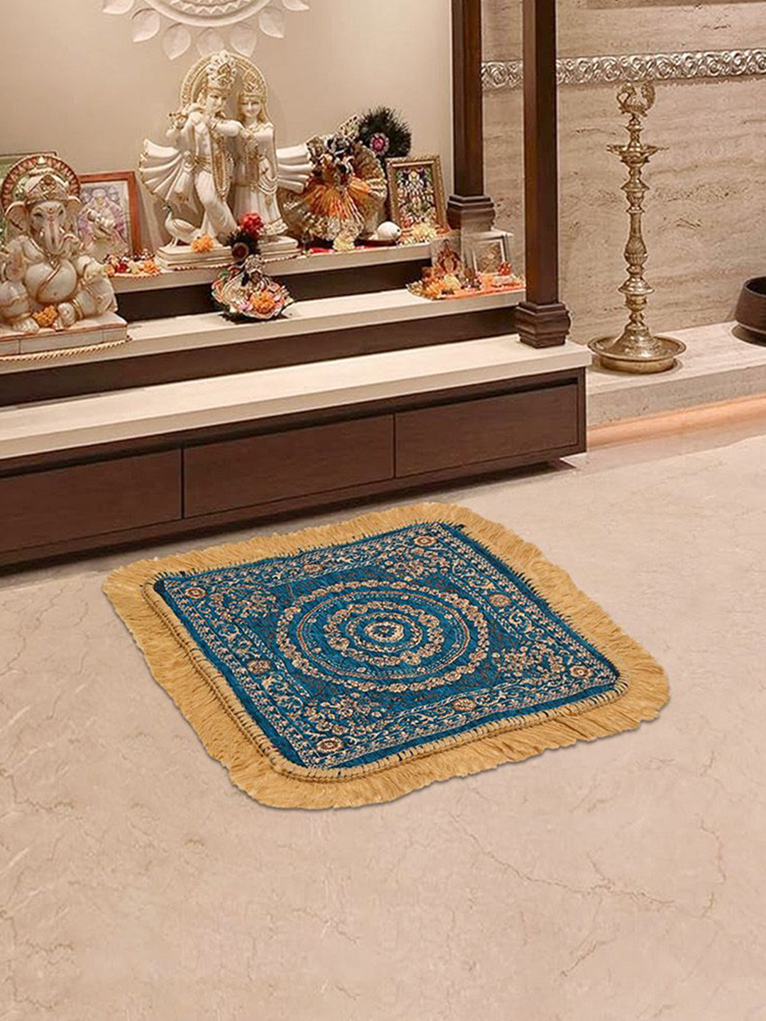 Kuber Industries Gold Toned & Teal Blue Velvet Finish Pooja Mat
