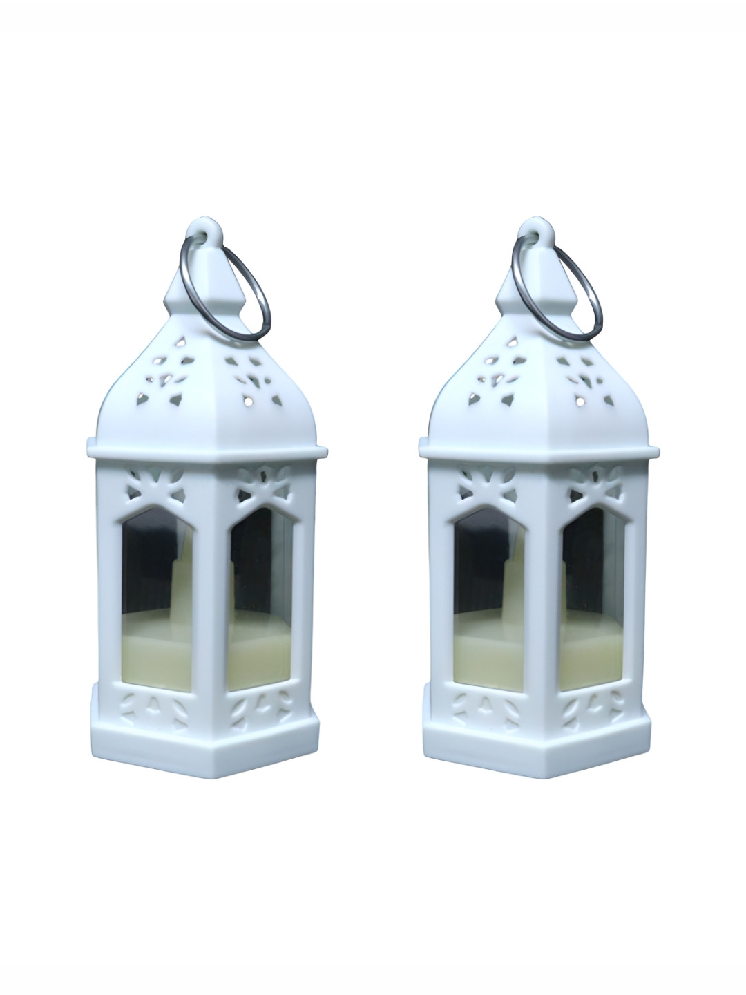 Extreme Karigari White 2 Pieces Lantern Textured Candle Holder With Led
