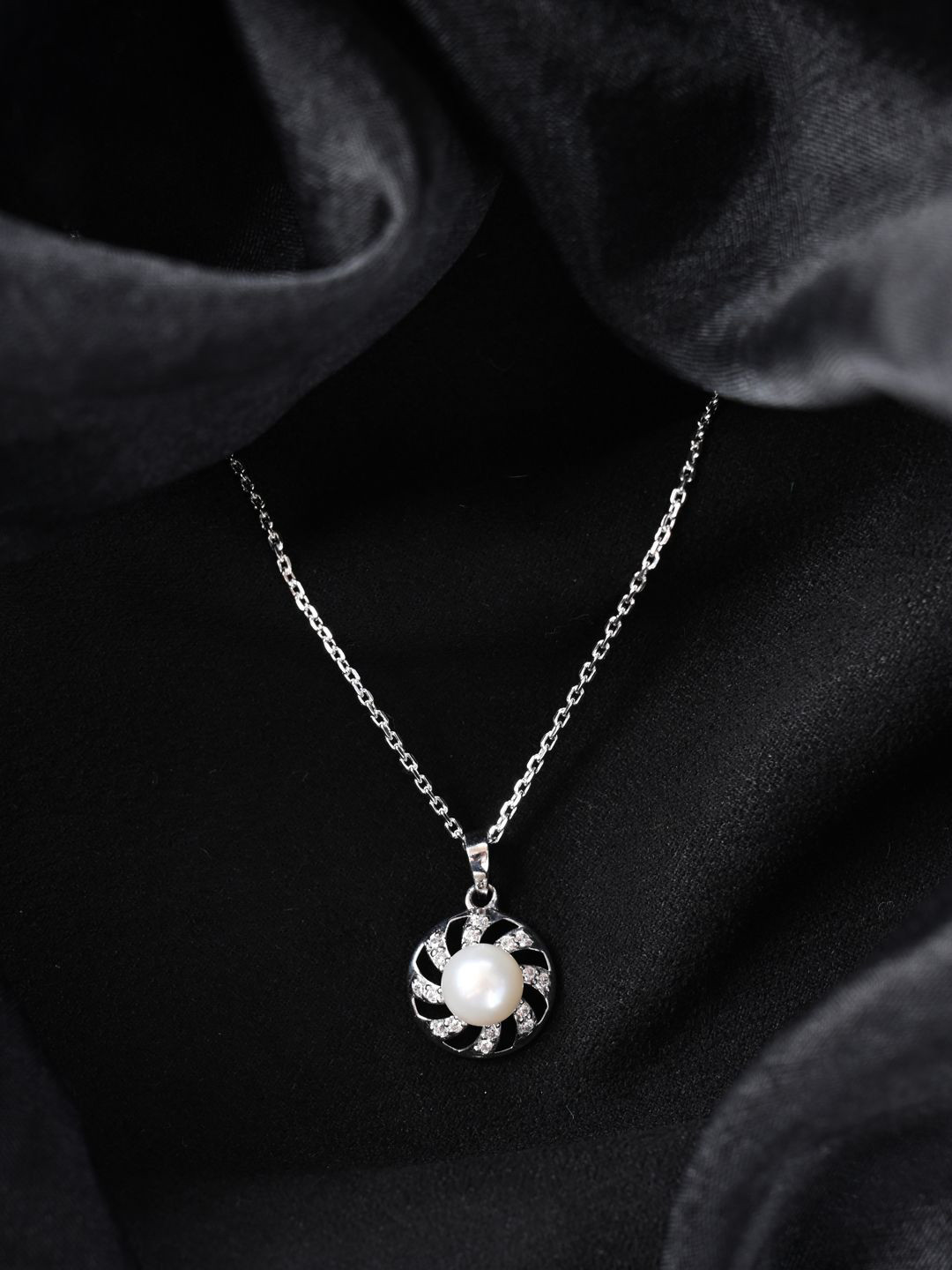 Clara 925 Sterling Silver Rhodium-Plated Pearl Beaded Contemporary Pendant with Chain