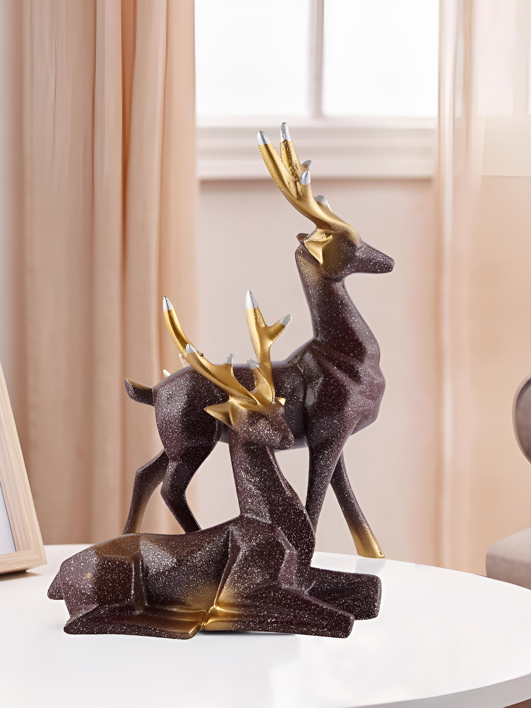 Zart Deer Brown Polyresin Natural Living Room Set of 2 Small Showpieces - 6 Inches