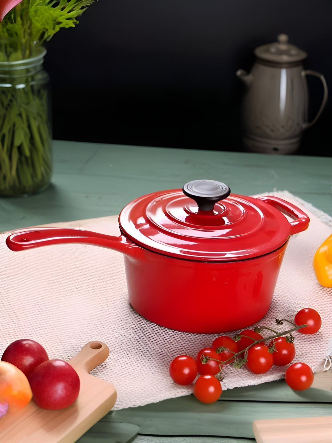 The Better Home Red & Black Dishwasher Safe Cast Iron Saucepan With Lid 2 L