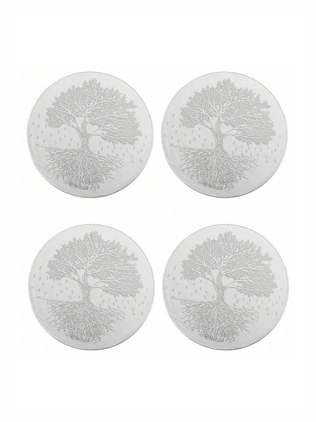 TIED RIBBONS White & Silver Toned 4 Pieces Textured Round Shape Table Placemats