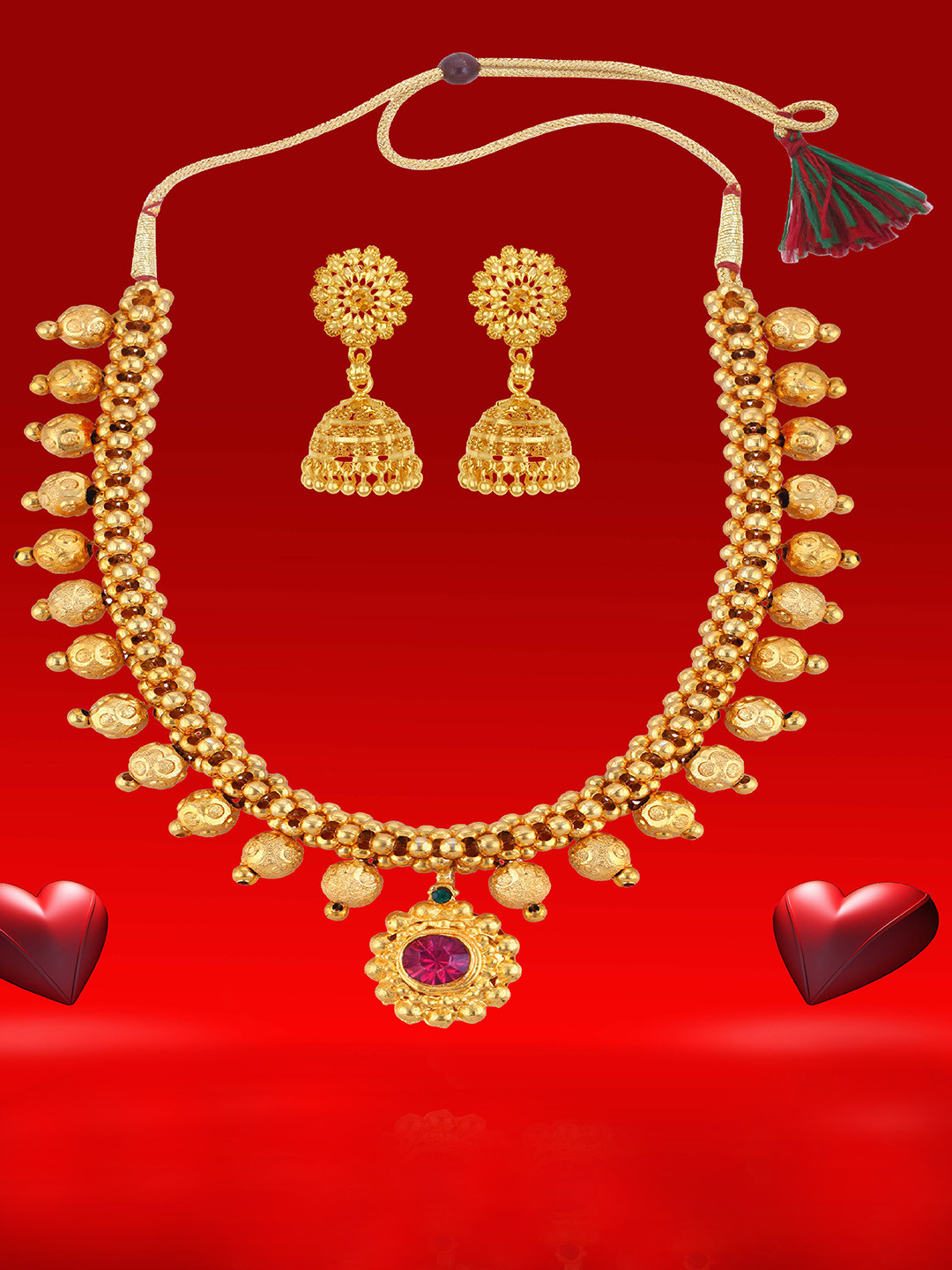 Heer Collection Gold-Plated Pink & Gold-Toned Necklace with Earrings