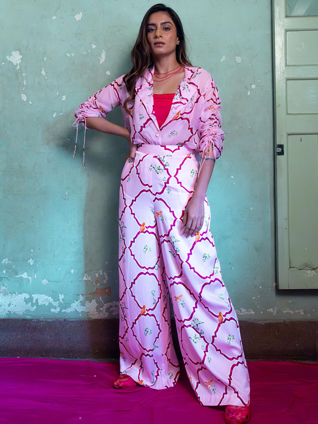AMROOD Floral Printed Shirt With Palazzo & Bustier