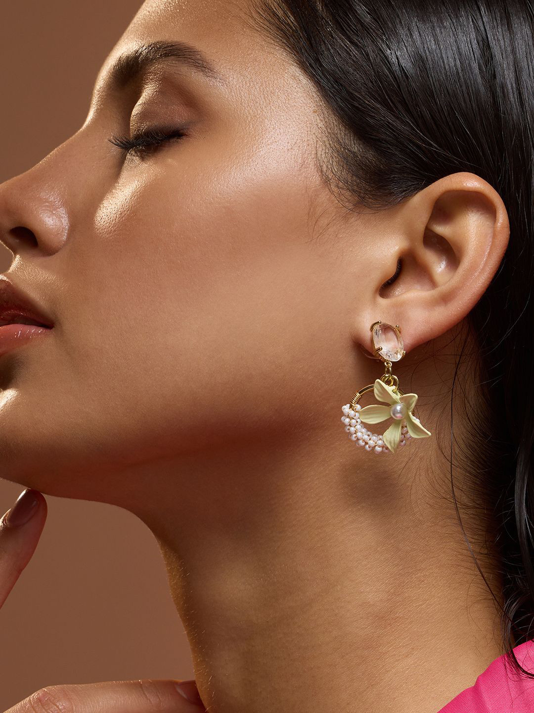 SOHI The Fleur Gold-Plated Stones Studded Floral Drop Earrings
