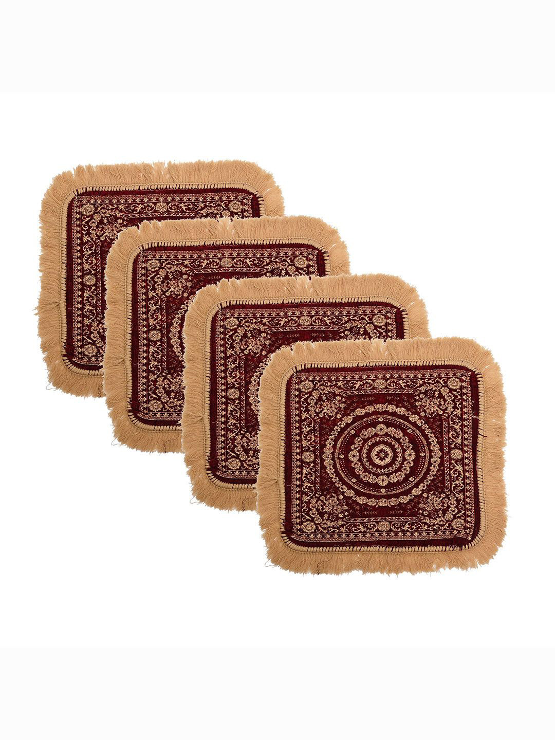Kuber Industries Beige & Maroon 4 Pieces Floral Printed Pooja Mats