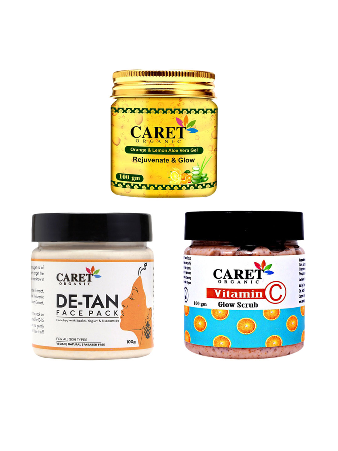 CARET ORGANIC Set Of 3 Aloevera Gel  -100 g & De-Tan Face Pack -100 g & Glow Scrub - 100 g