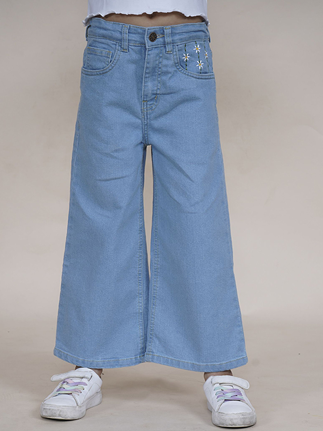 KiddoPanti Girls Mid-Rise Jeans Flared Embroidered Stretchable Jeans