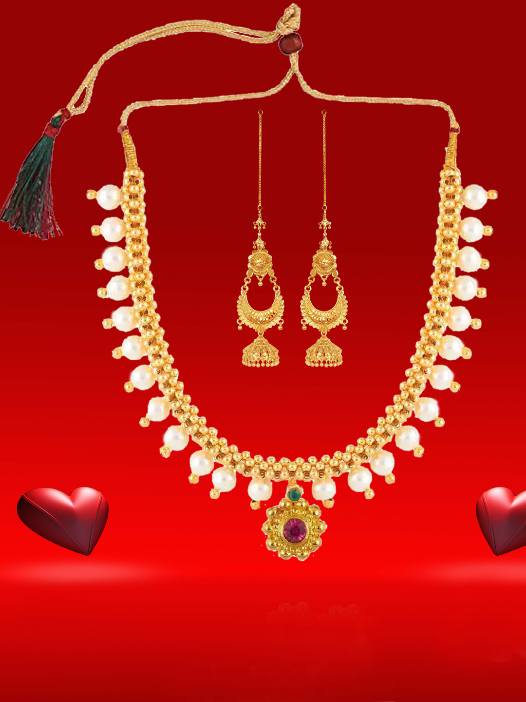 Heer Collection Gold-Plated Pink & Gold-Toned Necklace With Earrings