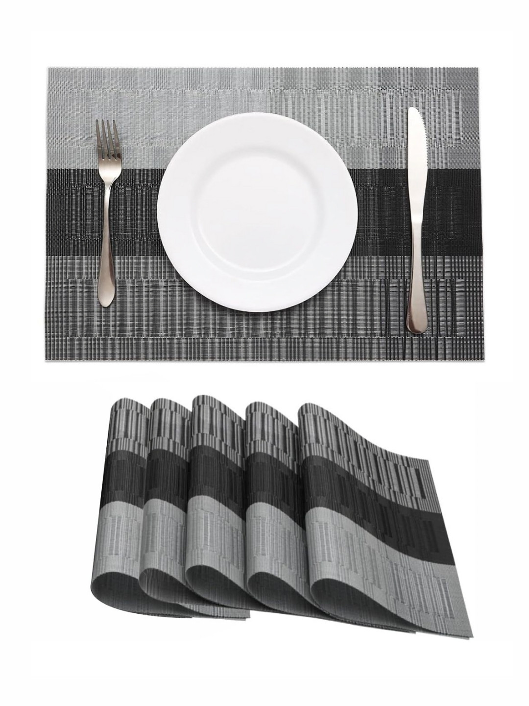 TIED RIBBONS Black & Grey 6 Pieces Striped Rectangle Table Placemats