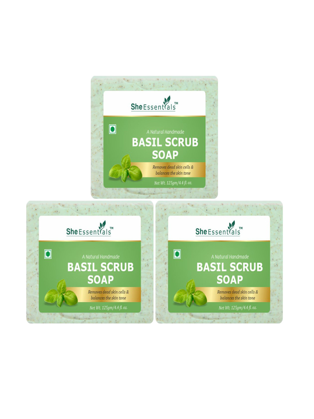 She Essentials Set Of 3 Natural Basil Scrub Soap- 125g Each