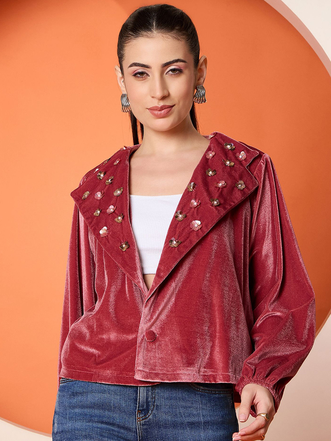 Antheaa Women Embellished Velvet Crop Tailored Jacket