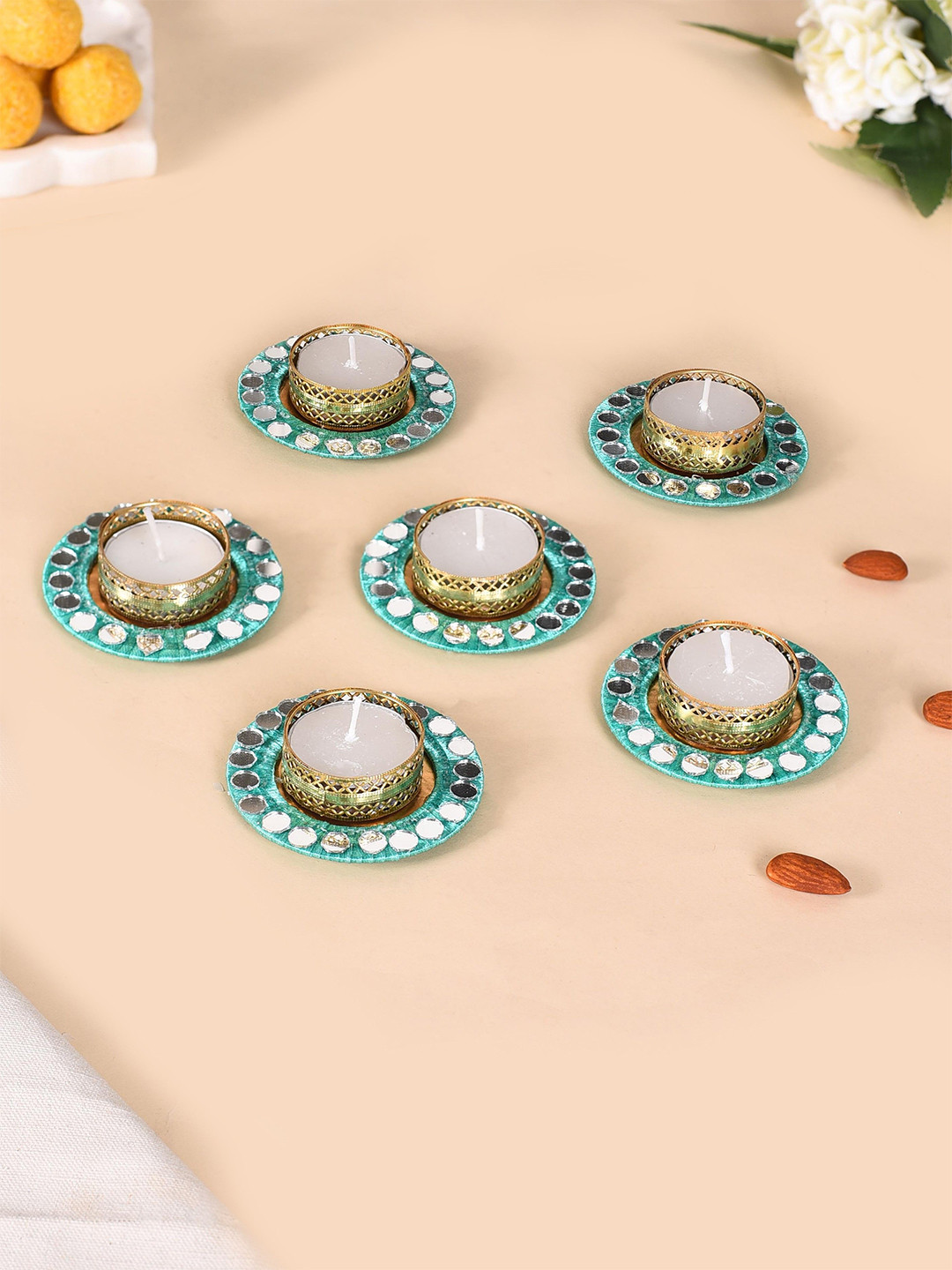 Nestasia Teal Green & Gold Toned 6 Pieces Textured Tealight Candle Holder