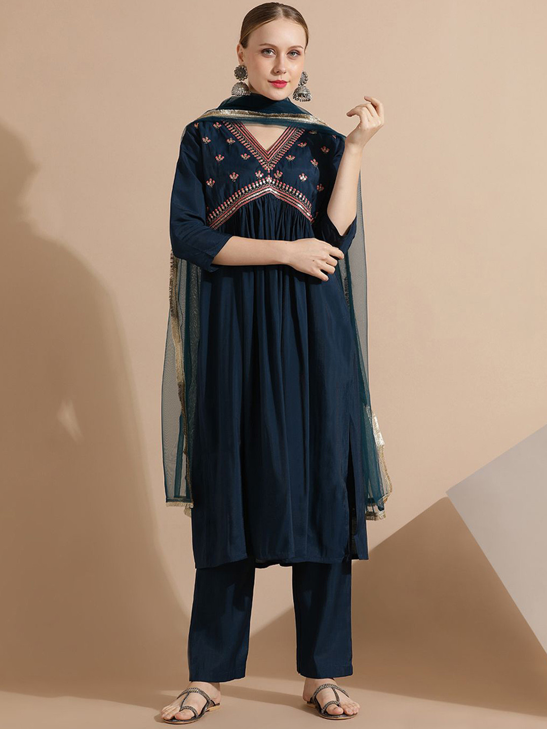 Jaipur Kurti Festive Embroidered A-Line Kurta Set With Dupatta