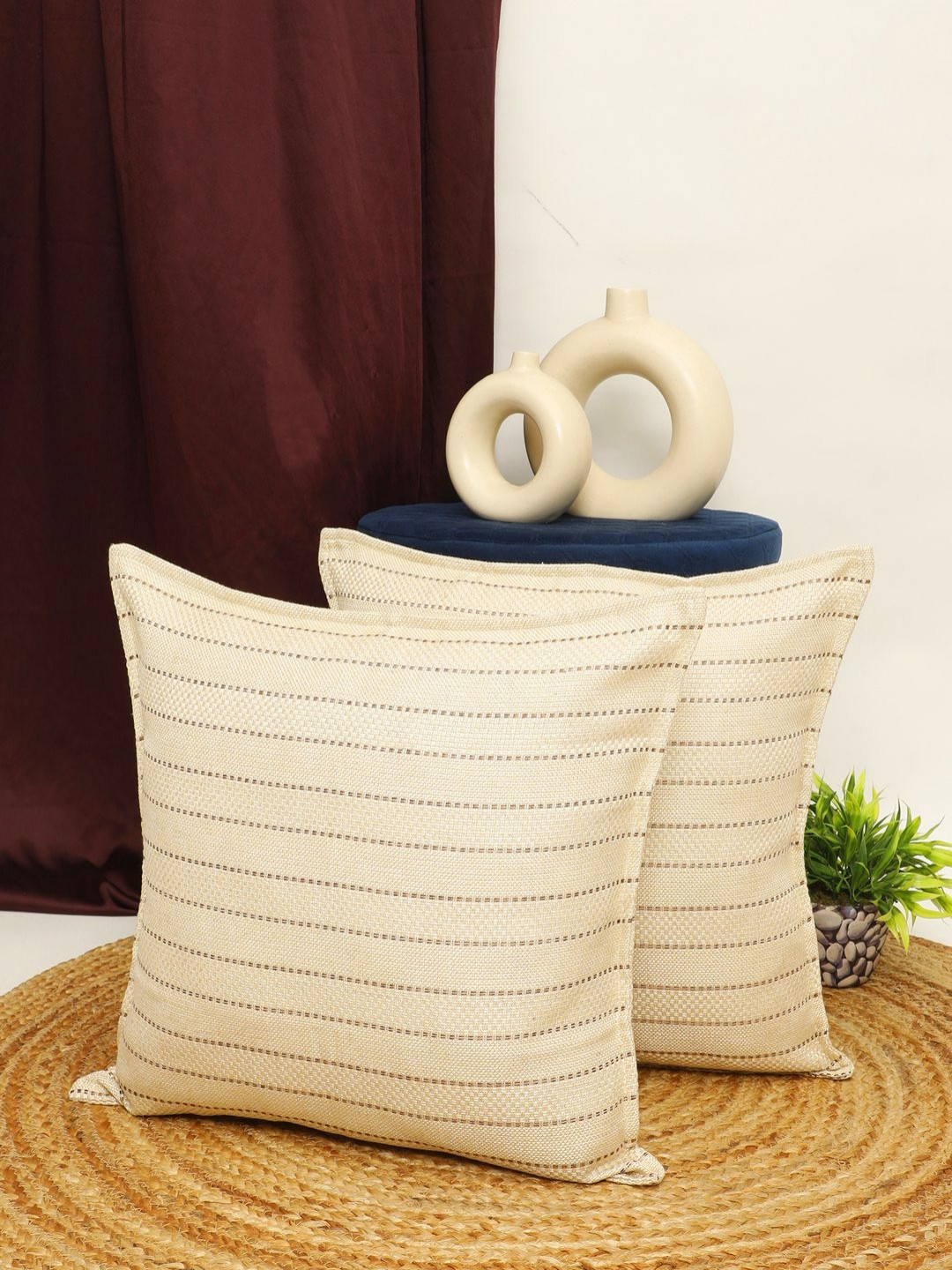 THE CONVERSION Striped Jute Washable 2 Pcs Textured Cushion Covers - 17.7 x 17.7 Inches