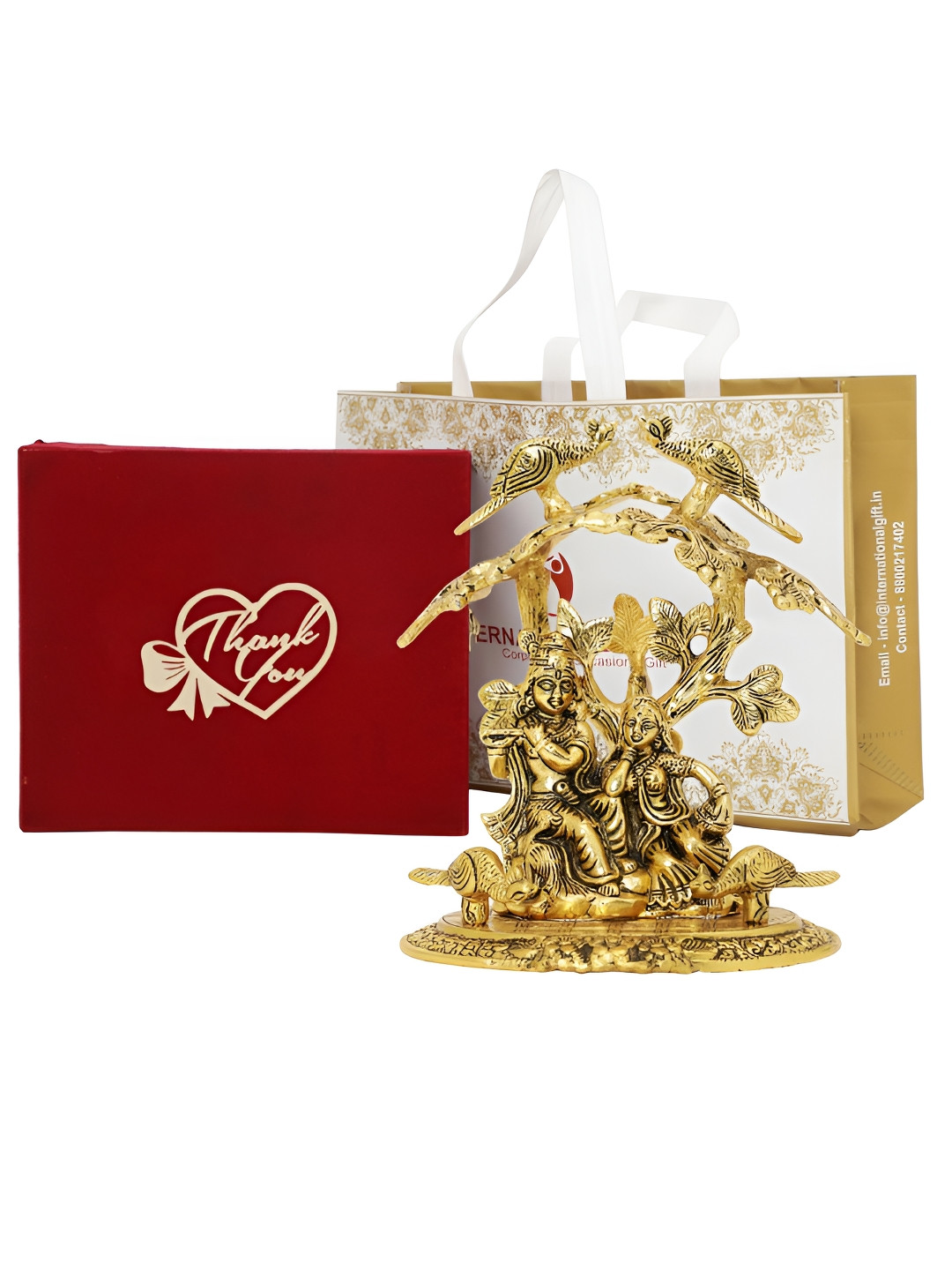 INTERNATIONAL GIFT Radha Krishna Tree with Box, Carry Bag and Thank You Tag Gold Metal Metallic Prayer Room Small Showpiece - 7.9 Inches