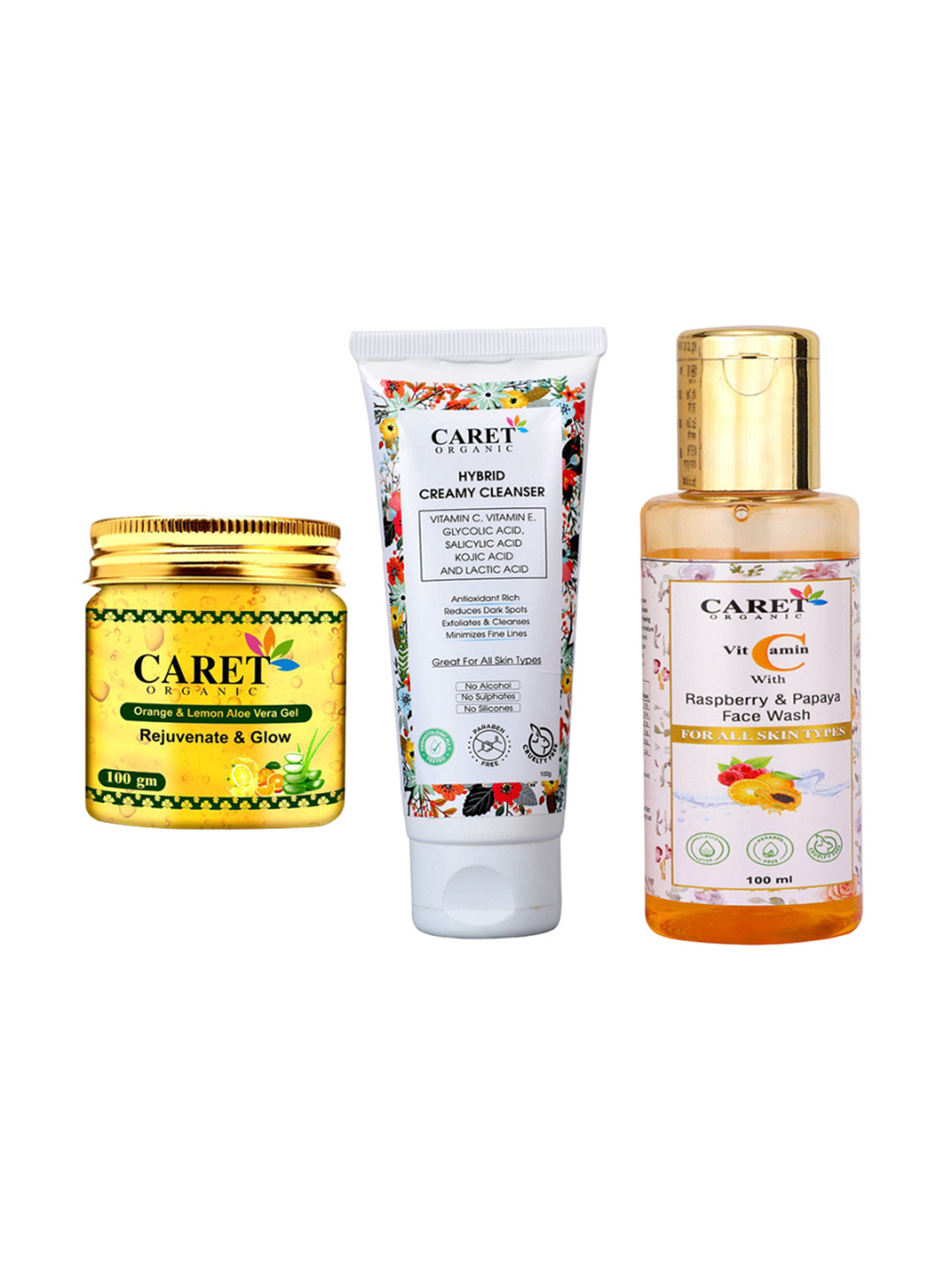CARET ORGANIC Set Of 3 Aloevera Gel - 100 g & Cleanser- 100 g & Vitamin C Face Wash-100 ml