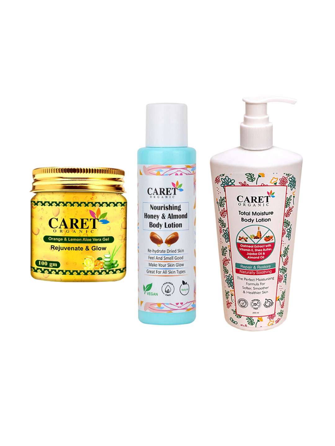 CARET ORGANIC Set Of 3 Gel- 100 g & Nourishing Lotion-100 ml & Total Moisture Lotion-100ml