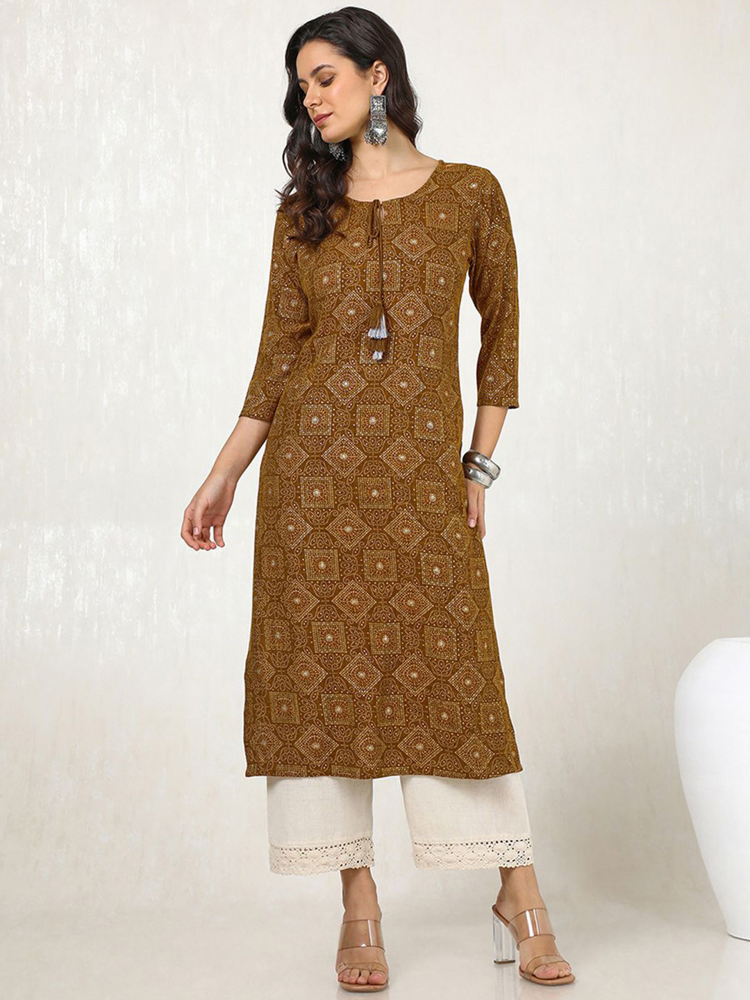 Soch Mustard Yellow  Bandhani Embellished Tie-Up Neck Beads And Stones Straight Kurta