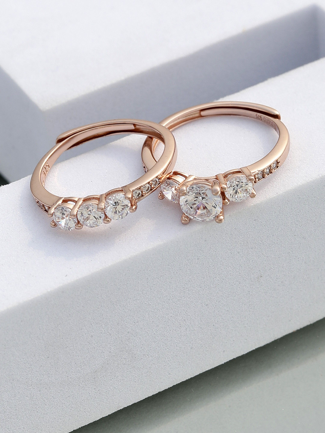 DIAVO Set Of 2 925 Sterling Silver Rose Gold-plated Adjustable Tiara Twin Finger Rings