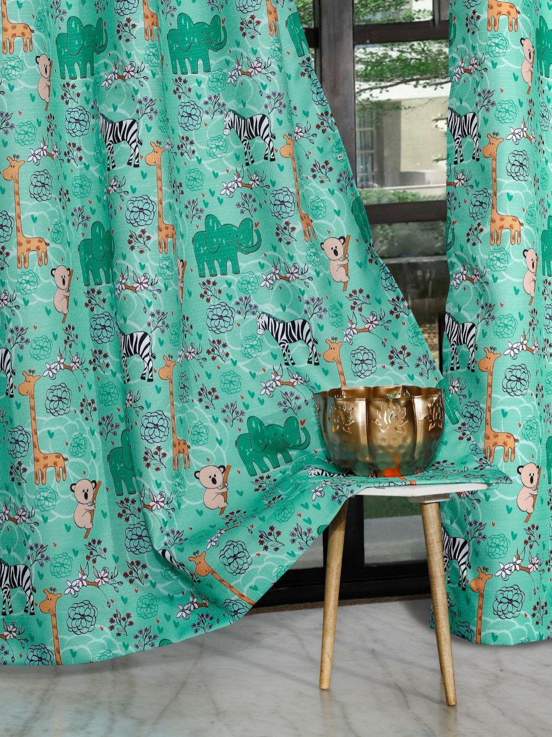 ROSARA HOME Teal Green and Orange 2 Pieces Quirky Printed Long Door Curtains