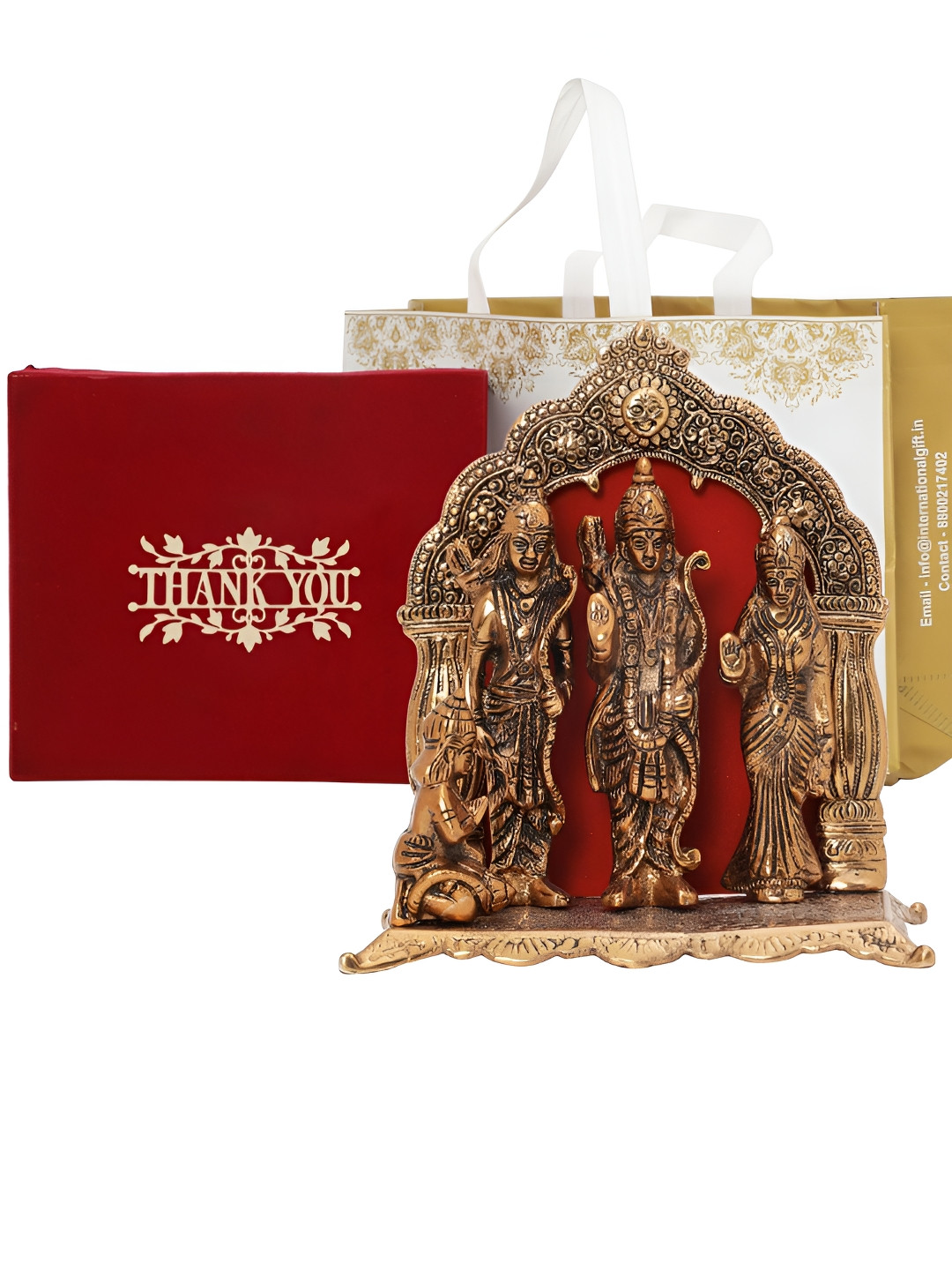 INTERNATIONAL GIFT Ram Darbar God with Box, Carry Bag & Thank You Tag Copper Metal Prayer Room Medium Showpiece - 9.4 Inches