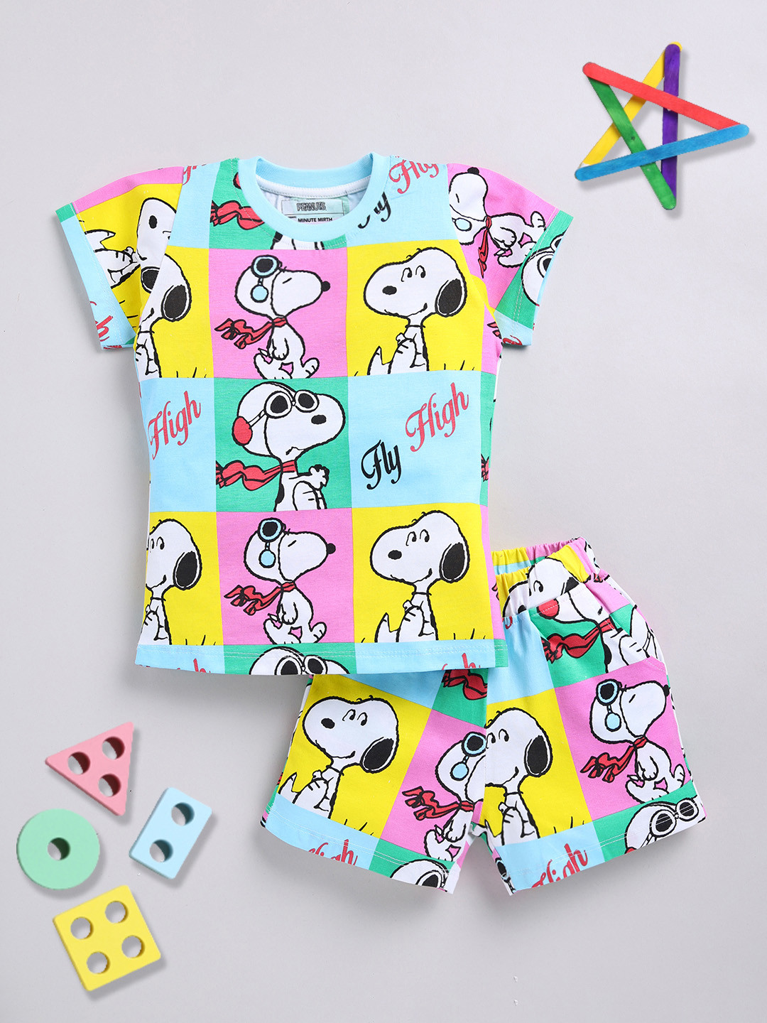 YK X Minute Mirth Girls Peanuts Printed Tshirt with Shorts