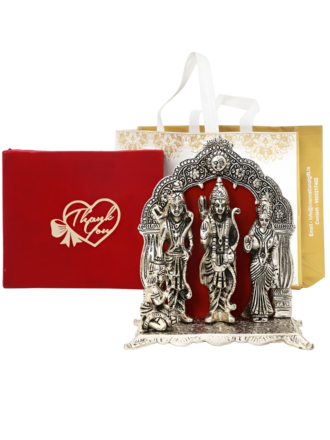 INTERNATIONAL GIFT Ram Darbar with Box, Carry Bag and Thank You Tag Silver Metal Metallic Prayer Room Medium Showpiece - 9.4 Inches