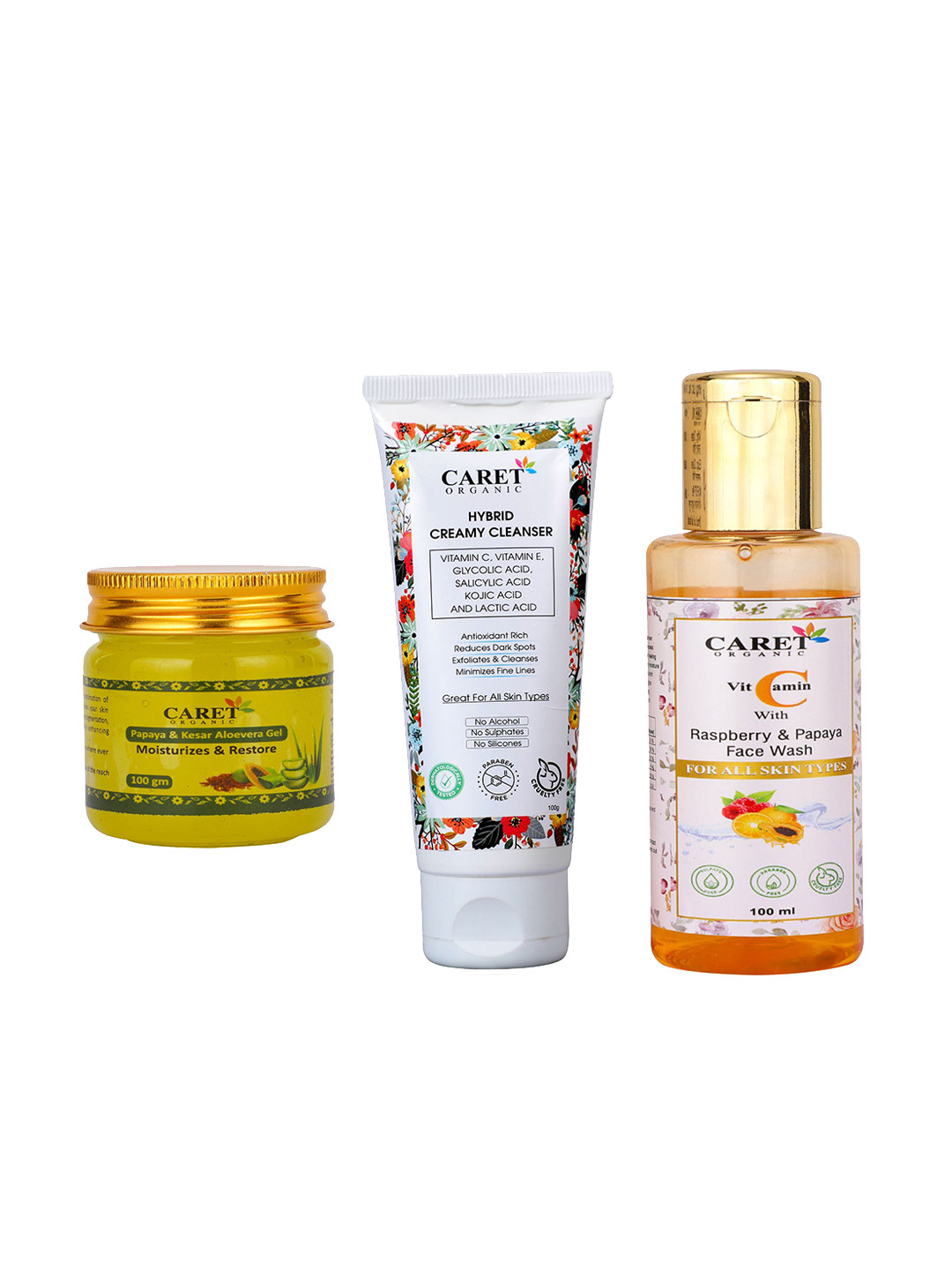 CARET ORGANIC Set Of 3 Aloevera Gel - 100 g With Cleanser- 100 g & Vit C Face Wash- 100 ml