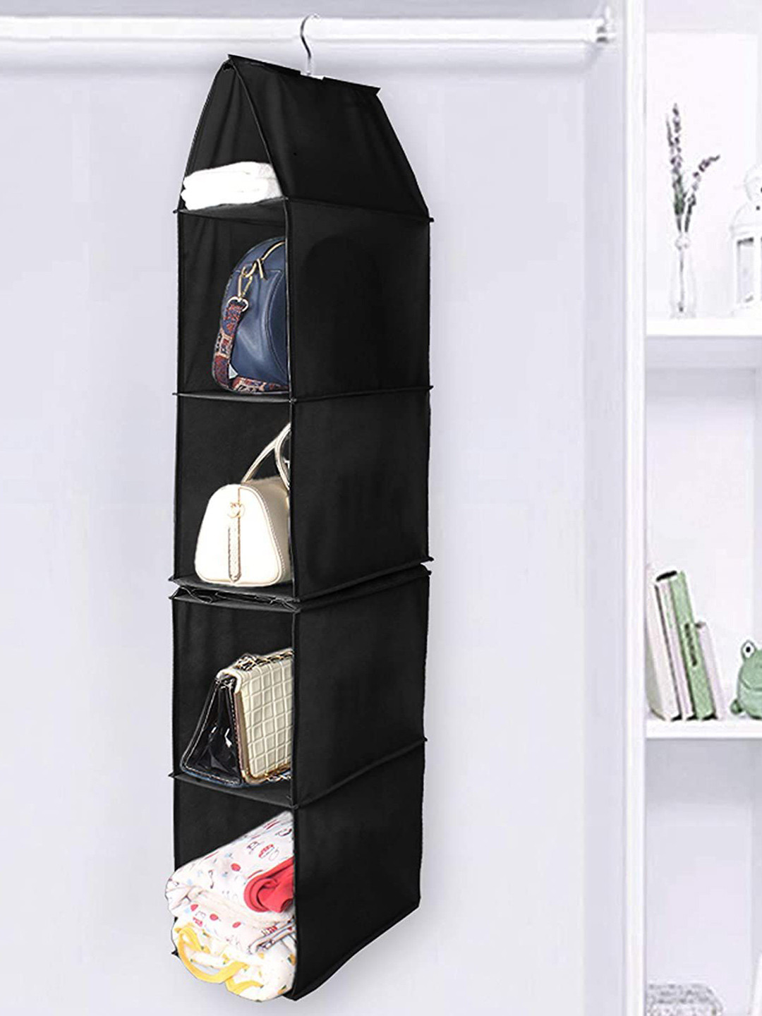 prettykrafts Black 4 Shelves Reusable Detachable Hanging Handbag Organizer