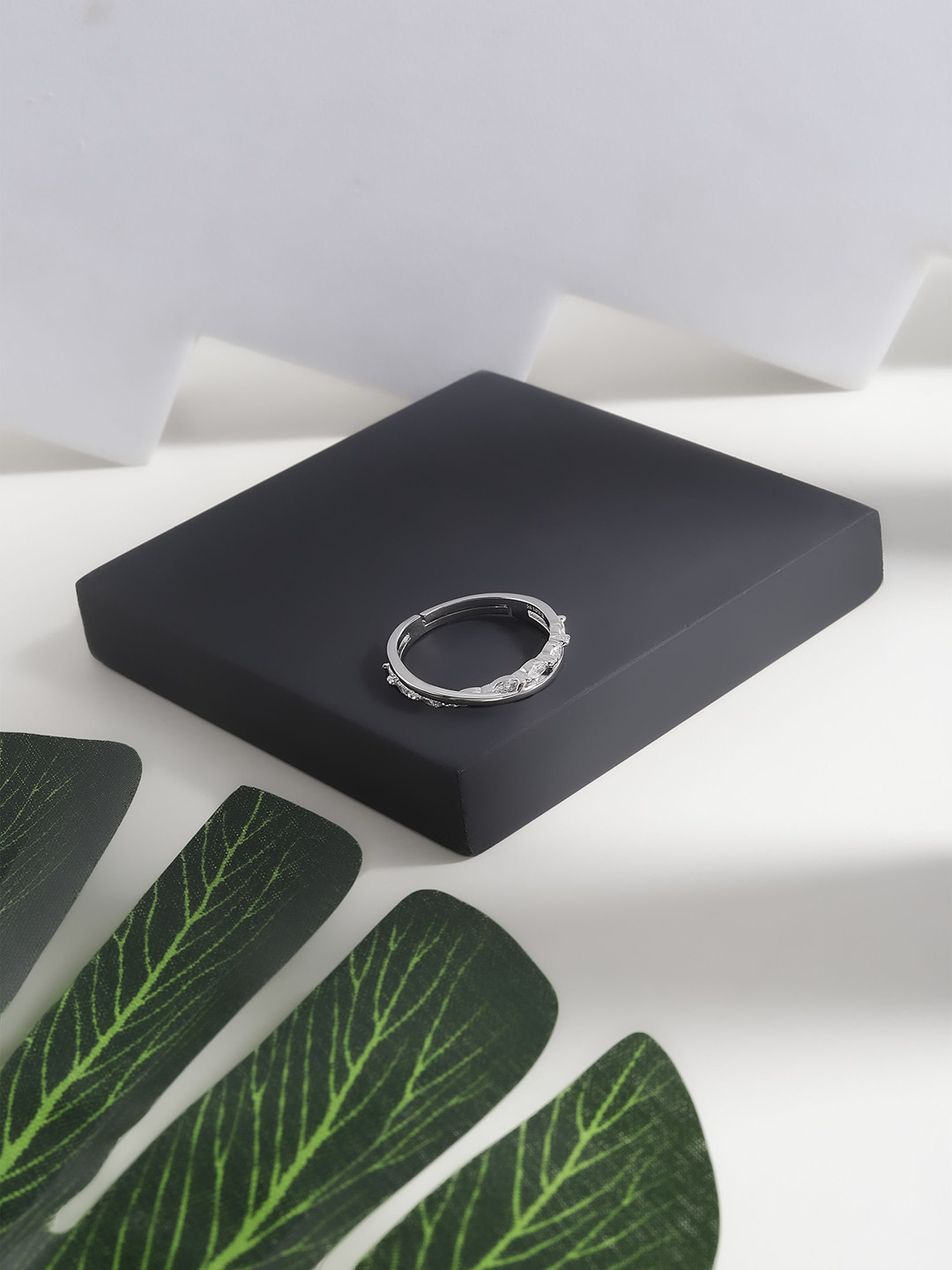 DIAVO 925 Sterling Silver Rhodium-Plated Stone Studded Luciana Layered Finger Ring