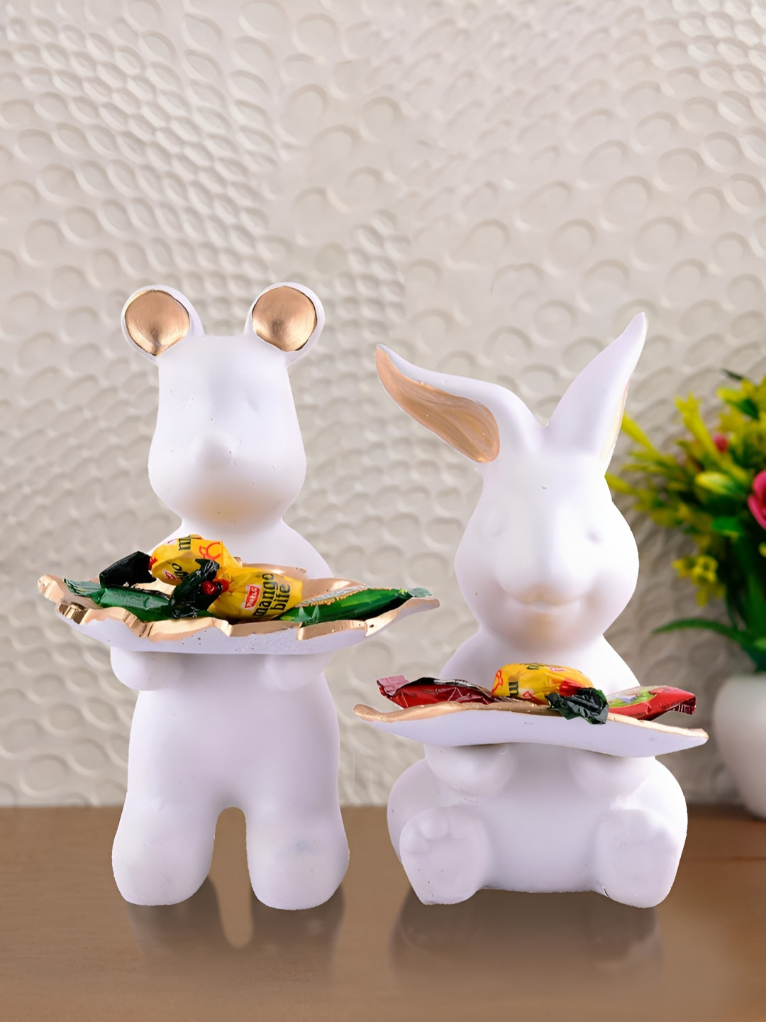 Zart Rabbits White Polyresin Glossy Living Room Set of 2 Large Showpieces - 3.1 Inches