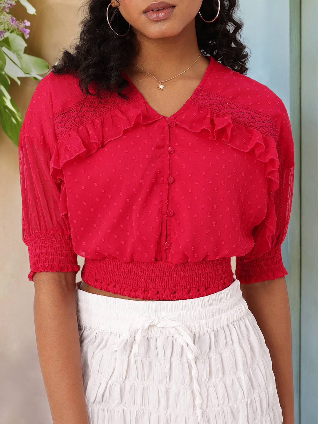 DressBerry Texture Ruffled Cinched Waist Top