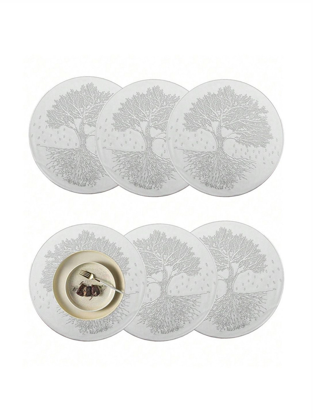 TIED RIBBONS White & Silver Toned 6 Pieces Textured Round Table Placemats