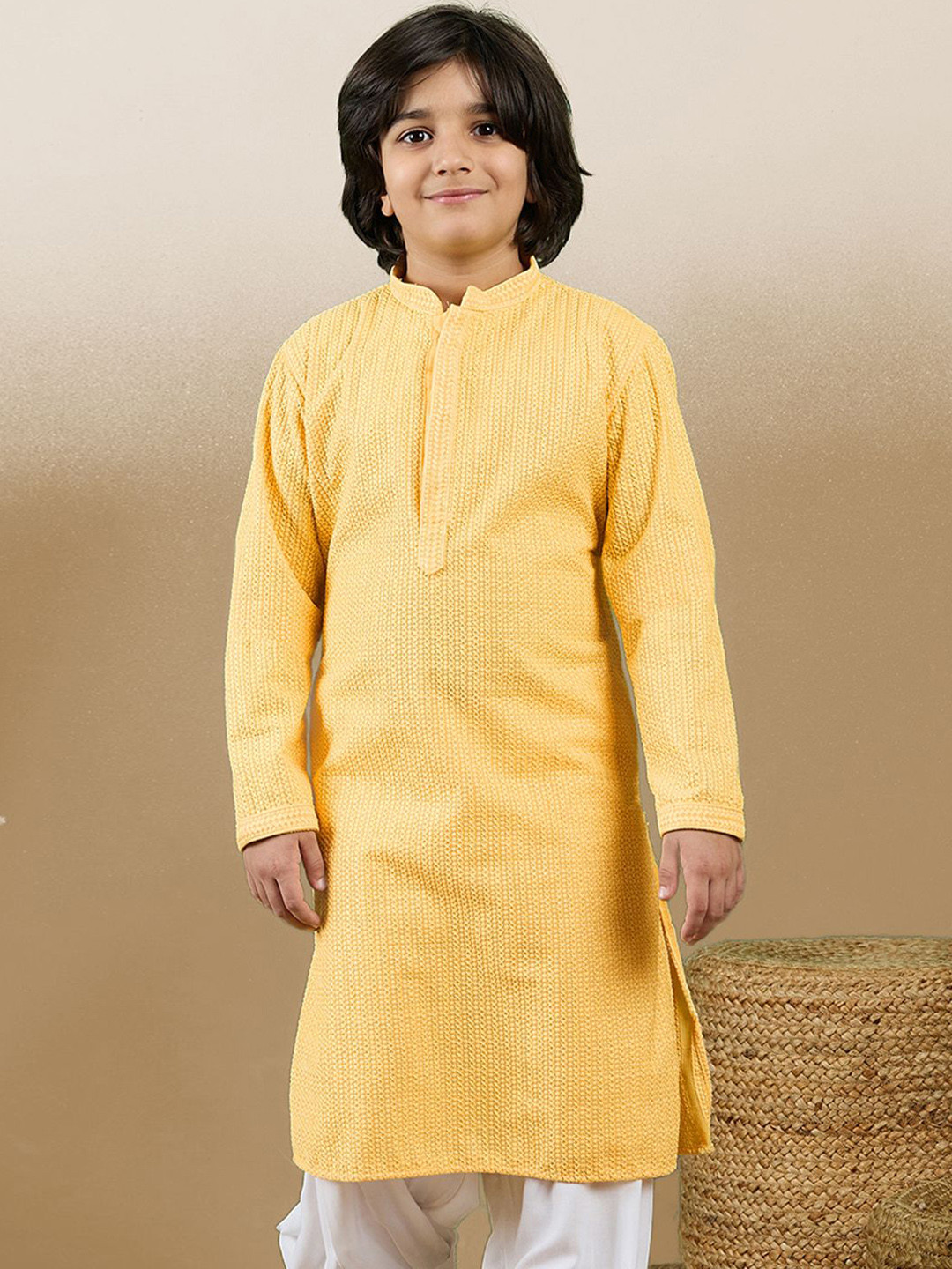 Sangria Boys Geometric Embroidered Chikankari Cotton Straight Kurta