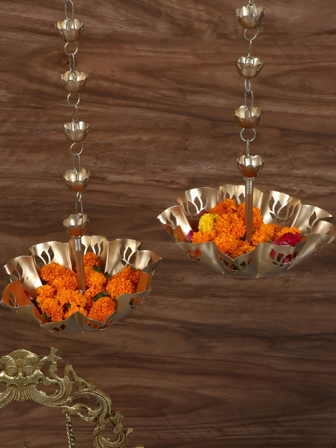 Amaya Decors Gold-Toned 2 Pieces Metal Hanging Flower Cut Urli Decorative Bowls