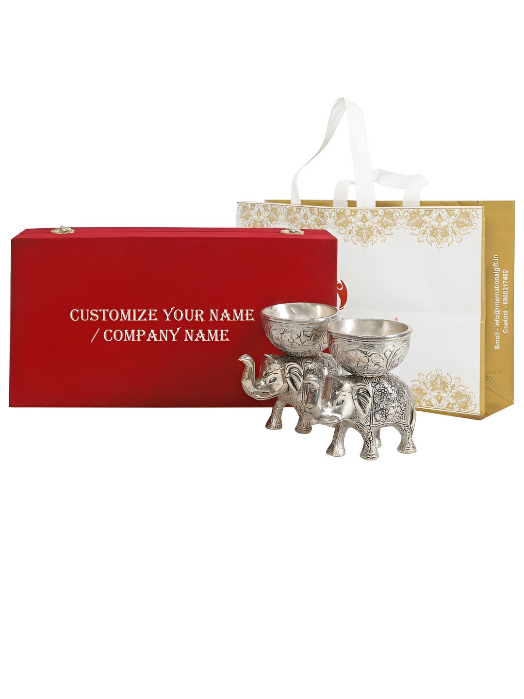 INTERNATIONAL GIFT Elephant Bowl with Box, Carry Bag and Customizable Tag Silver Metal Metallic Living Room Set of 2 Medium Showpieces - 5.1 Inches
