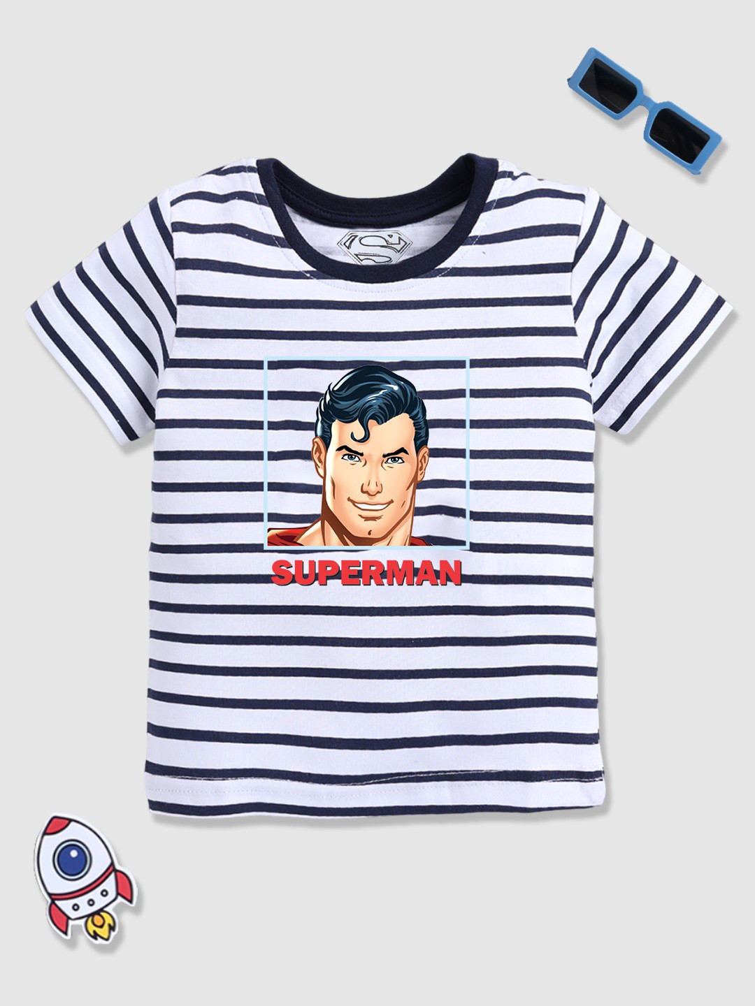 YK X Minute Mirth Boys Superman Striped Cotton T-shirt