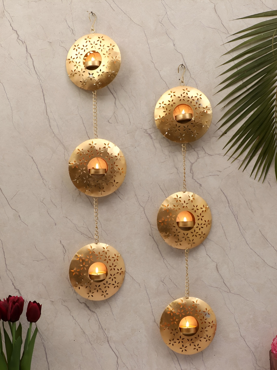 Amaya Decors Gold-Toned 2 Pieces Hanging Round Etching Tealight Holders
