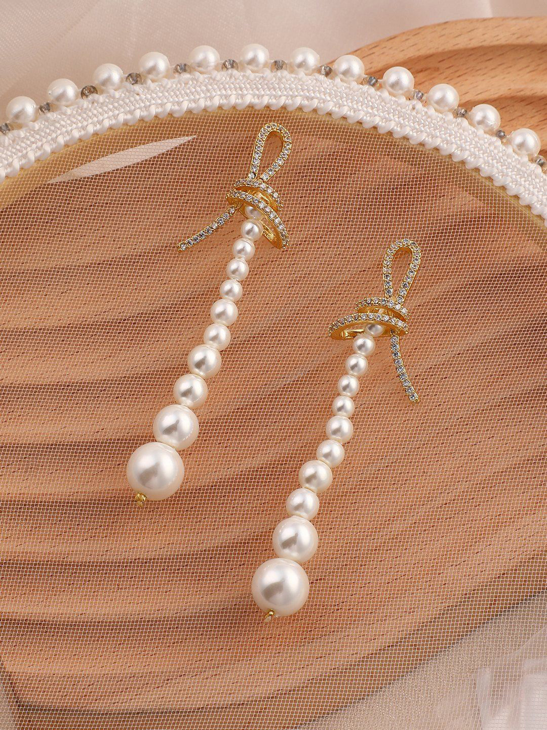 SOHI Gold-Plated Stone Studded & Beaded Contemporary Lucie Drop Earrings