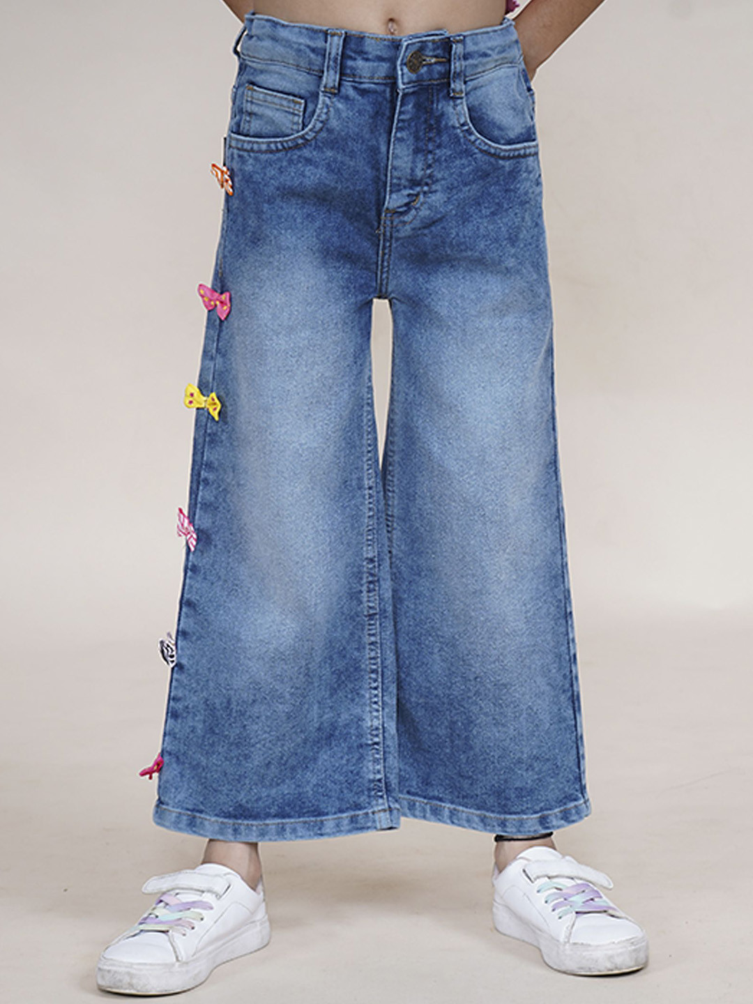 KiddoPanti Girls Jean Flared Heavy Fade Stretchable Jeans