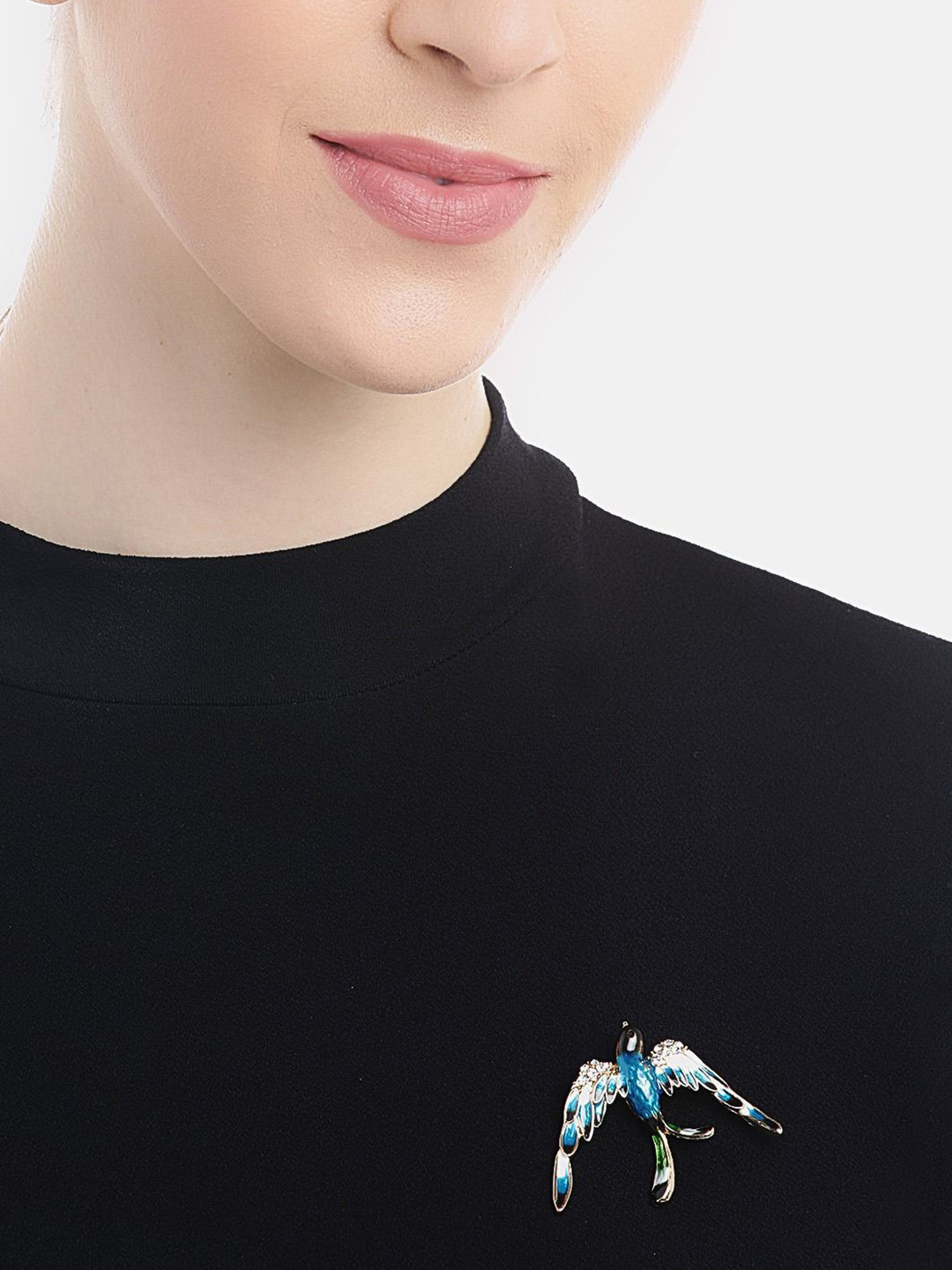DressBerry Women Blue & Green Stone-Studded Enameled Bird Brooch