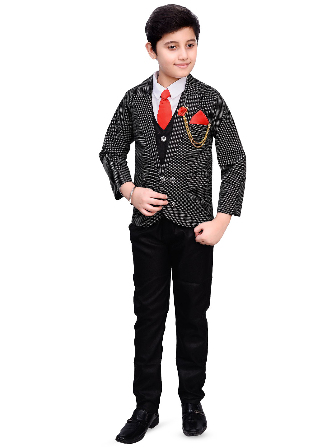 BAESD Boys Printed Four-Piece Double-Breasted Shirt, Trousers & Waistcoat With Blazer