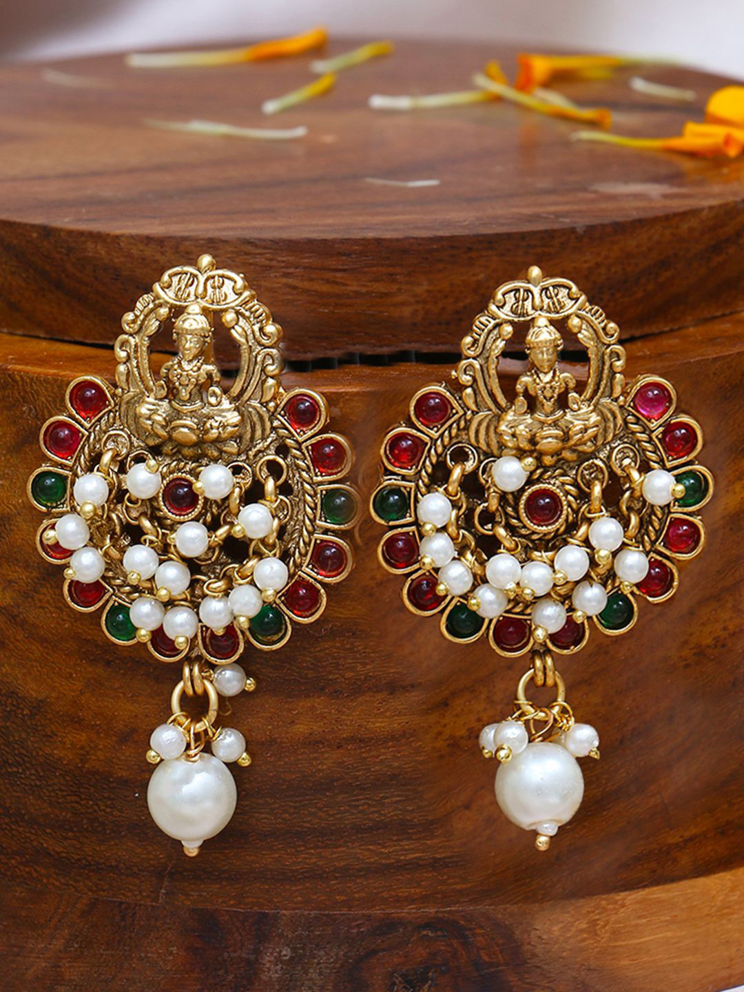Anouk White Gold Plated Stone Studded & Beaded Classic Drop Earrings