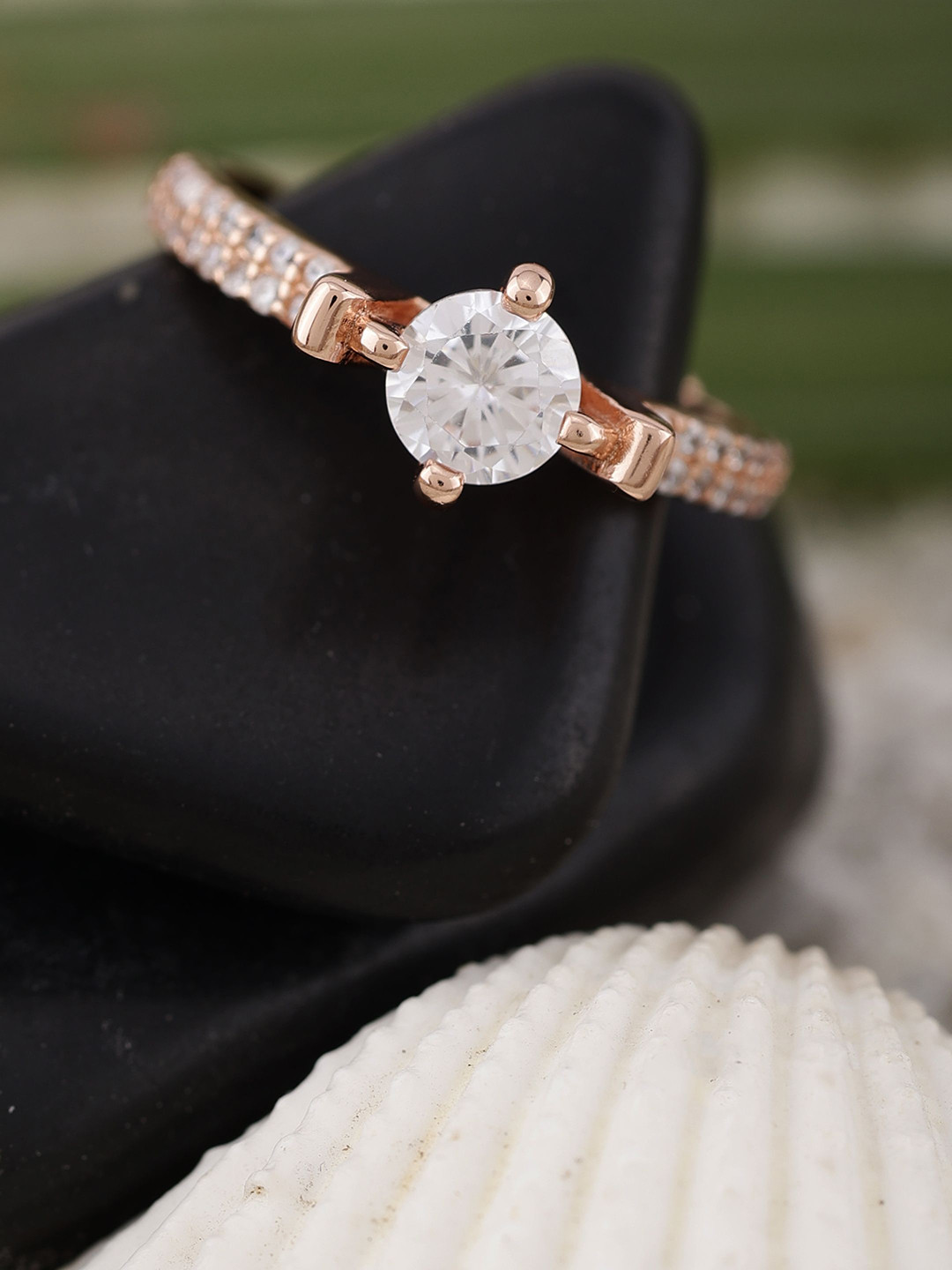 DIAVO The Isolde 925 Sterling Silver Rose Gold Plated Stones Studded Finger Ring