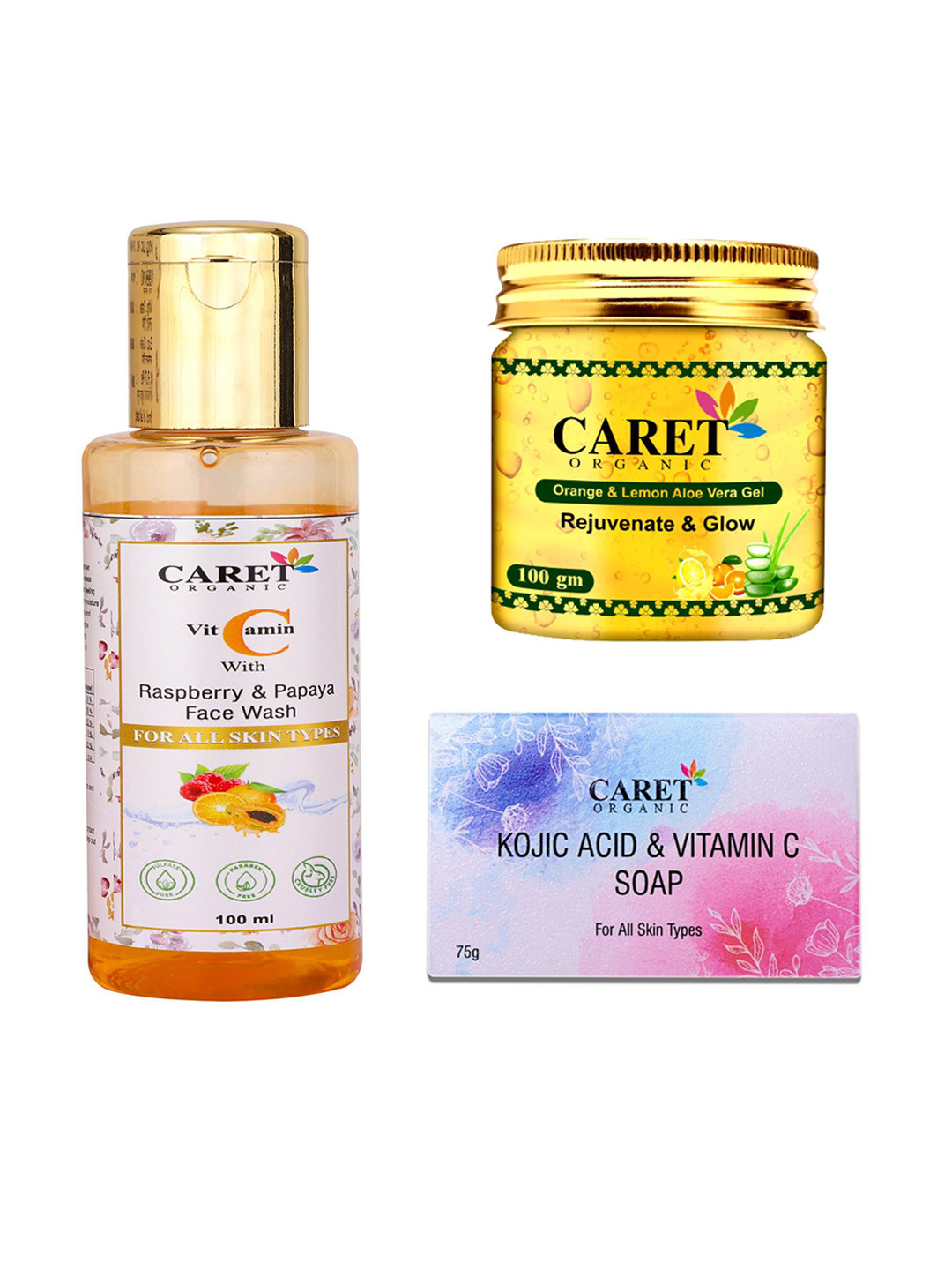 CARET ORGANIC Set Of 3 Aloevera Gel - 100 g & Soap - 75 g & Vitamin C Face Wash-100 ml