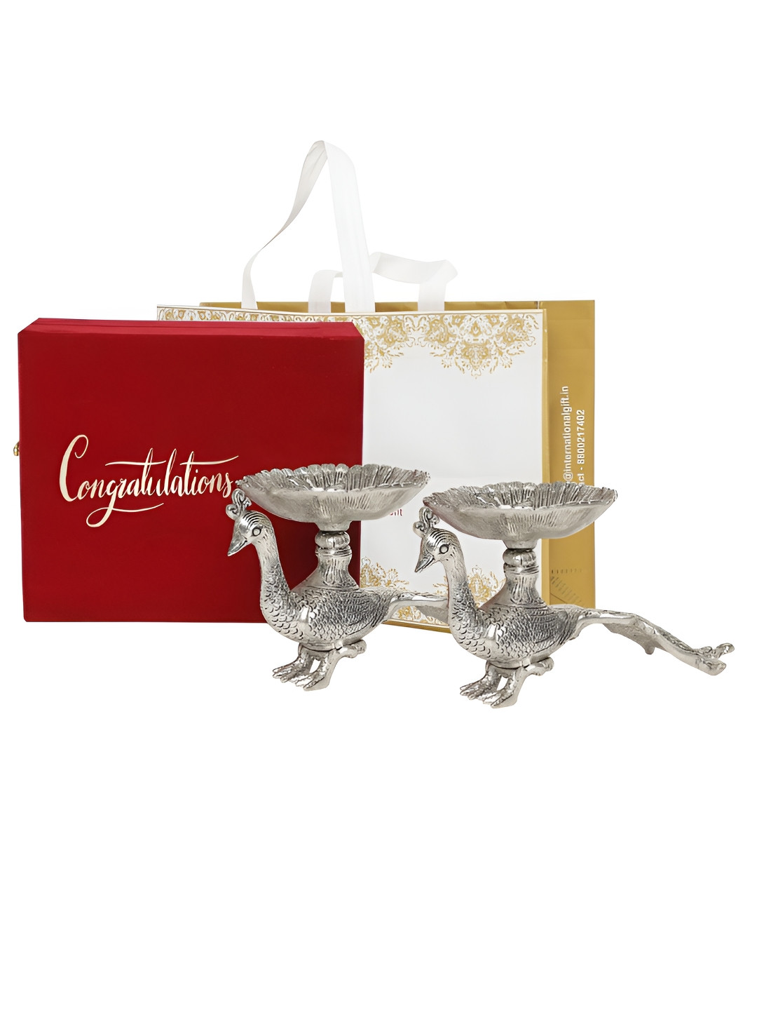 INTERNATIONAL GIFT Peacock Bowl Silver Metal Metallic Living Room Set of 2 Medium Showpieces - 4.7 Inches