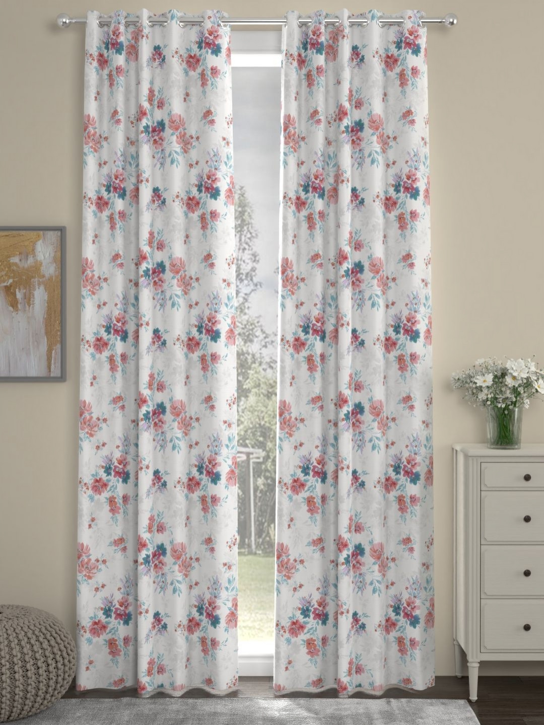 ROSARA HOME Red & White 2 Pieces Floral Printed Long Door Curtains & Sheers