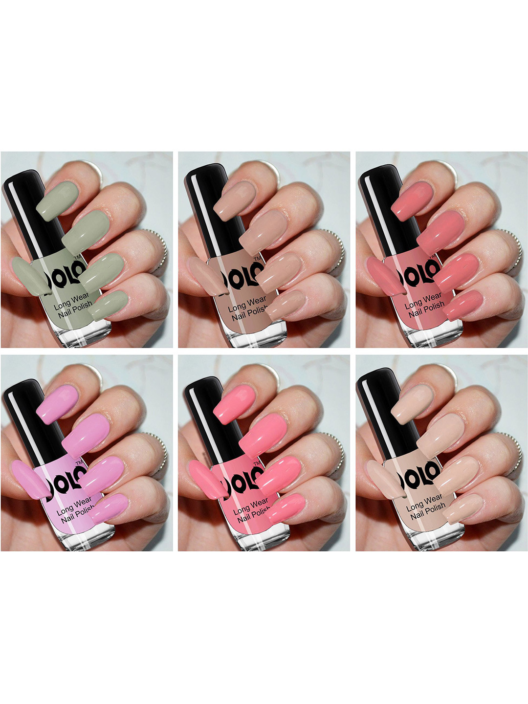 VOLO Set Of 6 Long Wear Nail Polish 5 ml Each Olive-Pink-Tan-Light Purple-Light Pink-Pink