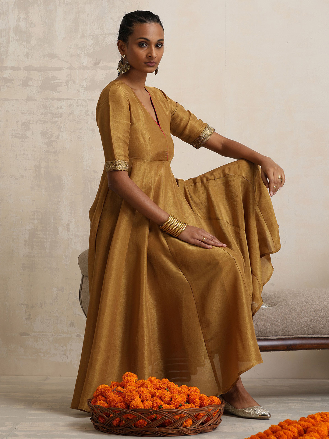 trueBrowns Round Neck Empire Tissue Anarkali Kurta with Trousers